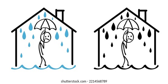 Cartoon Stickman, stick figures man in to the house. Home building building water, leakage. water damage symbol. Fireman's job, insurance event. safety first. Leak roof house. Flooding house.