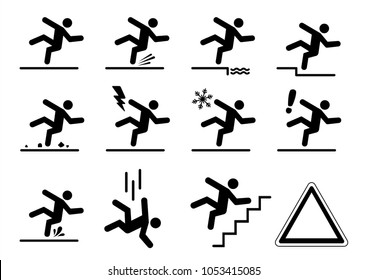 Sicherheit zuerst fallender Mensch rutschig Bodengefährdung Aufmerksamkeit nicht Alarm Symbol Vektorsymbol verboten Vorsicht vor Gefahren Symbole schnelle schnelle Gesundheitskatastrophe Unglück Notfall Vorsicht