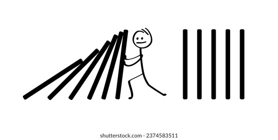 Cartoon stickman stop falling domino effect. Stack break crisis conflict, crash safety. Business resilience concept  Classic dominoes, domino's pictogram. Man or  person stopping domino effect.