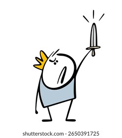 Cartoon stickman is strong and brave, raised  magic sword over  head and threatens  enemies. Vector illustration of  king in   crown protecting the country and people. Leader and an ancient commander.