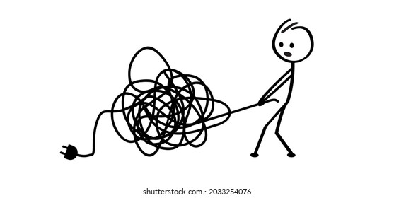 Cartoon Stickman with wirwar draad or line. Cartoon stick figure. 404 error, Page not found. Offline broken cable concept. Flat vector. Unplug disconnect internet. Target concept. Solution problem