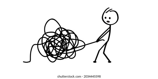 Cartoon Stickman with wirwar draad or line. Cartoon stick figure, drawning chaotic or chaos lines. Comic brain, workout concept. Flat vector training, coach, coaching pictogram.