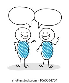 Cartoon stickmen - chat with empty speech balloons. Smiley and happy  expression. Vector.