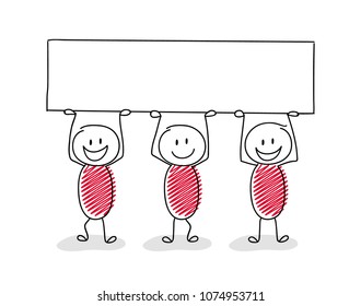 Cartoon stickmen with empty banner for a text. Vector.