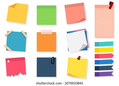 Cartoon sticky notes colorful set. Reminder paper note many shape on white background. Vector illustration isolated.