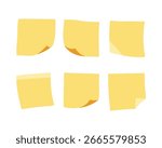 Cartoon sticky notes with curved and folded corners. Yellow sticky note set. Vector pack of office flat colored icons collection. Clipart of different sticky paper notes on isolated white background.