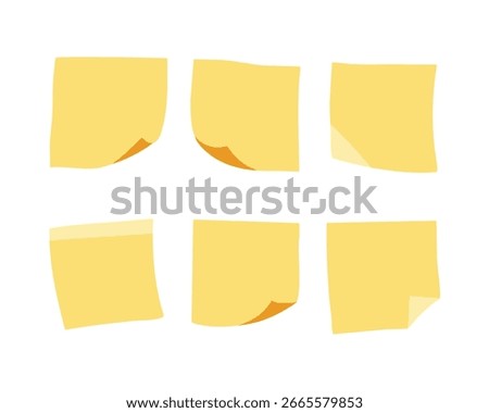 Cartoon sticky notes with curved and folded corners. Yellow sticky note set. Vector pack of office flat colored icons collection. Clipart of different sticky paper notes on isolated white background.