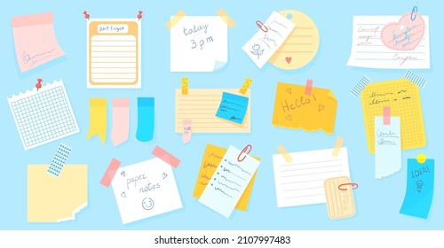Cartoon sticky notes. Cute scrap from notepad for noting, coloured isolated sticker, paper list school notebook, noticeboard label, office stickers, neat vector illustration. Notepad sticky sticker