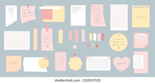 Cartoon sticky notes. Cute scrap from notepad for noting, coloured isolated sticker, paper list school notebook, noticeboard label, office stickers, neat vector illustration. Notepad sticky sticker.