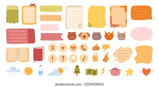 Notas pegajosas de caricatura. Raspado de la barra de notas para apuntar, máscaras de cara animal, iconos del tiempo y el dinero. Portátil de la escuela de listas de papel, etiqueta de cartelera, pegatinas de oficina, ilustración de vector limpia
