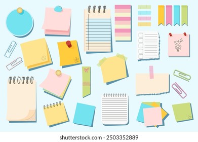 Cartoon sticky notes mega set elements in flat graphic design. Bundle objects of circle or square paper pages with pins, torn notepad sheets, to do lists, memo message reminders. Vector illustration.