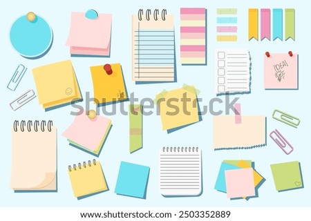 Cartoon sticky notes mega set elements in flat graphic design. Bundle objects of circle or square paper pages with pins, torn notepad sheets, to do lists, memo message reminders. Vector illustration.