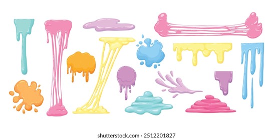 Cartoon sticky slime. Goo liquid slime splatters, mucus splashes. Jelly dripping spots flat vector illustration set on white background