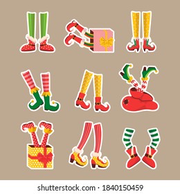 Cartoon stikers elf shoes and socks. Shoes for elves feet, feet of gnomes-assistants of Santa Claus in a set of pants. Shoes, funny striped socks and boots. Vector illustration