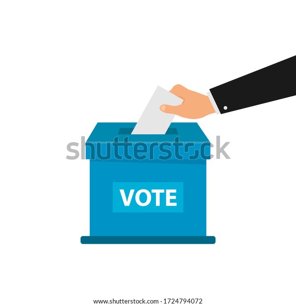 Cartoon still voting\
concept. Hand putting paper in the ballot box. Isolated vector\
illustration.