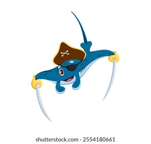 Cartoon stingray animal pirate and corsair character wearing hat with skull emblem and an eyepatch. Isolated vector sea fish manta ray filibuster has swords attached to its fins, conveys a fun spirit