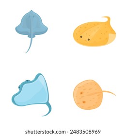 Cartoon stingray icons set cartoon vector. Cute tropical stingray fish. Nature, sea animal