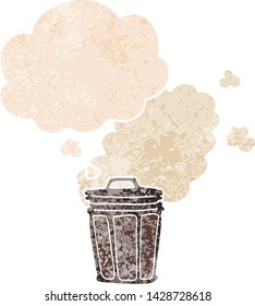 cartoon stinky garbage can with thought bubble in grunge distressed retro textured style