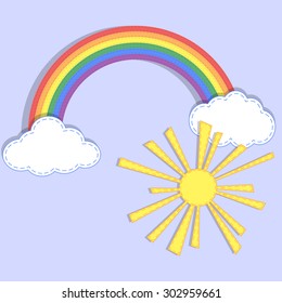 Cartoon stitched rainbow, clouds and sun. Vector illustration.