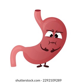 Cartoon stomac character. Сoncept diseased internal organ, nausea and indigestion. Vector illustration isolated white background 
