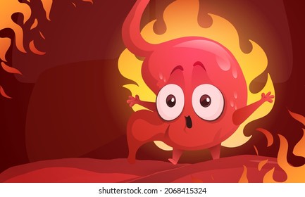 Cartoon stomach character burning in fire. Acid reflux, heartburn and gastritis concept with indigestion system abdomen pain problems. Cute unhealthy mascot suffer of stomachache, Vector illustration