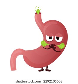 Cartoon stomach character. Concept diseased internal organ, heartburn and belching. Vector illustration isolated white background
