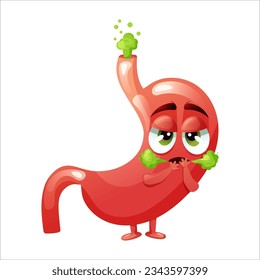 Cartoon stomach character. Concept diseased internal organ, heartburn and belching. Vector illustration isolated white background.

