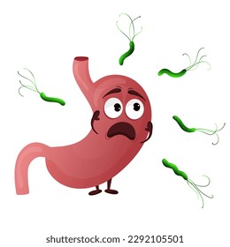 Cartoon stomach character. Concept fear, sick internal organ, helicobacter pylori. Vector illustration isolated white background 

