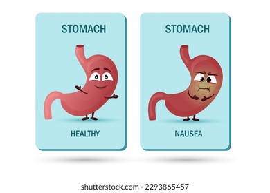 Cartoon stomach character. Concept of healthy and diseased internal organ, nausea and indigestion. Vector illustration isolated white background
