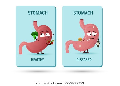 Cartoon stomach character. Concept healthy and sick human internal organ. Vector illustration isolated white background 
