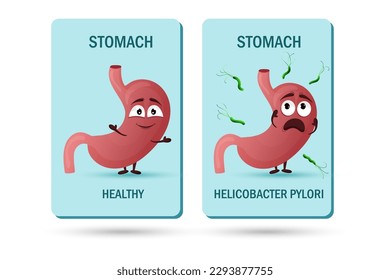 Cartoon stomach character. Concept healthy internal organ and affected helicobacter pylori. Vector illustration isolated white background 
