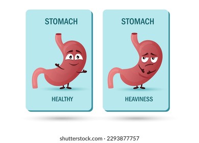 Cartoon stomach character. Concept of healthy and diseased internal organ, heaviness and pain. Vector illustration isolated white background
