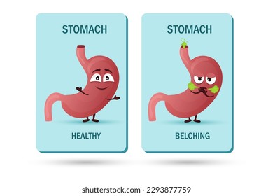 Cartoon stomach character. Concept of healthy and diseased internal organ, heartburn and belching. Vector illustration isolated white background
