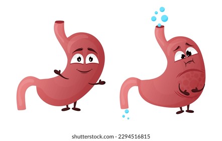 Cartoon stomach character. Concept of healthy and diseased internal organ, bloating and constipation. Vector illustration isolated white background
