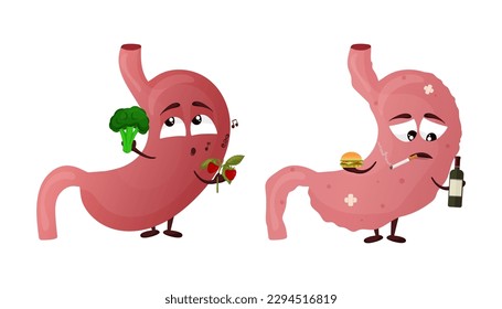 Cartoon stomach character. Concept healthy and sick human internal organ. Vector illustration isolated white background 
