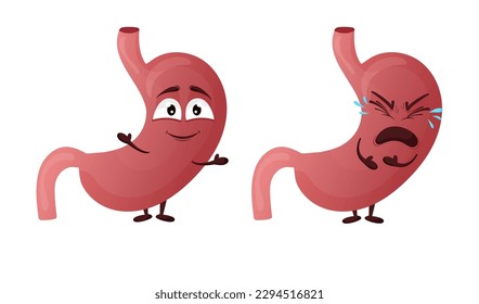 Cartoon stomach character. Concept of healthy and diseased internal organ, emotion of pain. Vector illustration isolated white background
