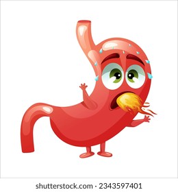 Cartoon stomach character. Concept sick internal human organ, heartburn. Vector illustration isolated white background.

