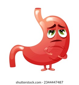 Cartoon stomach character with emotion sadness and pain. Concept diseased internal organ suffering from pain. Vector illustration isolated white background.
