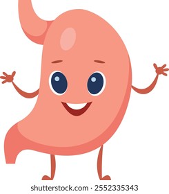 Cartoon stomach character waving, smiling, promoting digestive health and wellness, suitable for educational materials, healthcare campaigns, and children s books