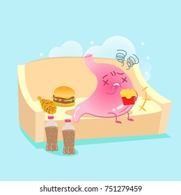 cartoon stomach with heartburn on the blue background