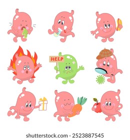 Cartoon stomach. Human stomach eating hot dog and healthy food, looking and need help. Prevention and treatment, heartburn gastritis nowaday vector icons