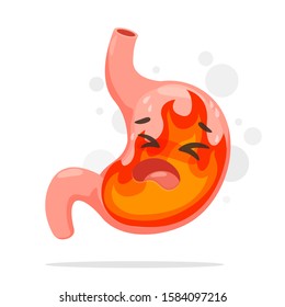 Cartoon Stomach Suffering From Acid Reflux. A Stomach That Burning Like A Fire From Acid Reflux.