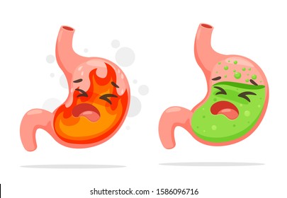 Cartoon Stomach Suffering From Acid Reflux. A Stomach That Burning Like A Fire From Acid Reflux.