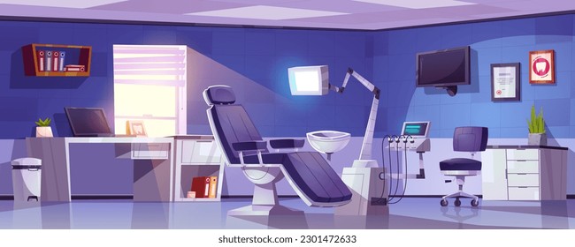 Cartoon stomatology room with equipment and furniture. Vector illustration of dentist office, chair, medical tools, toothache treatment instruments, desktop computer, folders on shelf. Medical