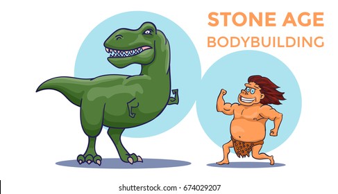 Cartoon Stone Age Bodybuilding competition. Cave Man versus Tyrannosaurus. Vector illustration