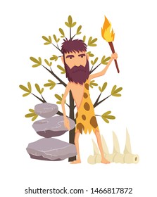 Cartoon stone age man with torch. Ancient people vector symbol stock web illustration.