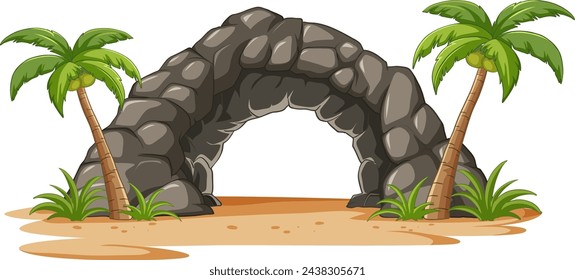 Cartoon stone arch with palm trees on sand