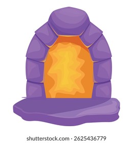 Cartoon stone archway is glowing with an orange light behind it and surrounded by purple rocks