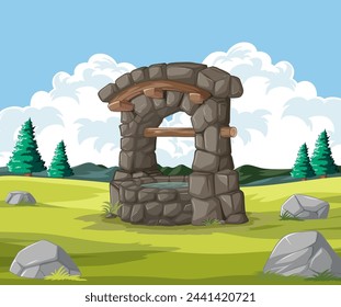 Cartoon stone archway in a serene grassy field.