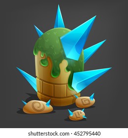 Cartoon stone with blue crystal. Vector illustration.